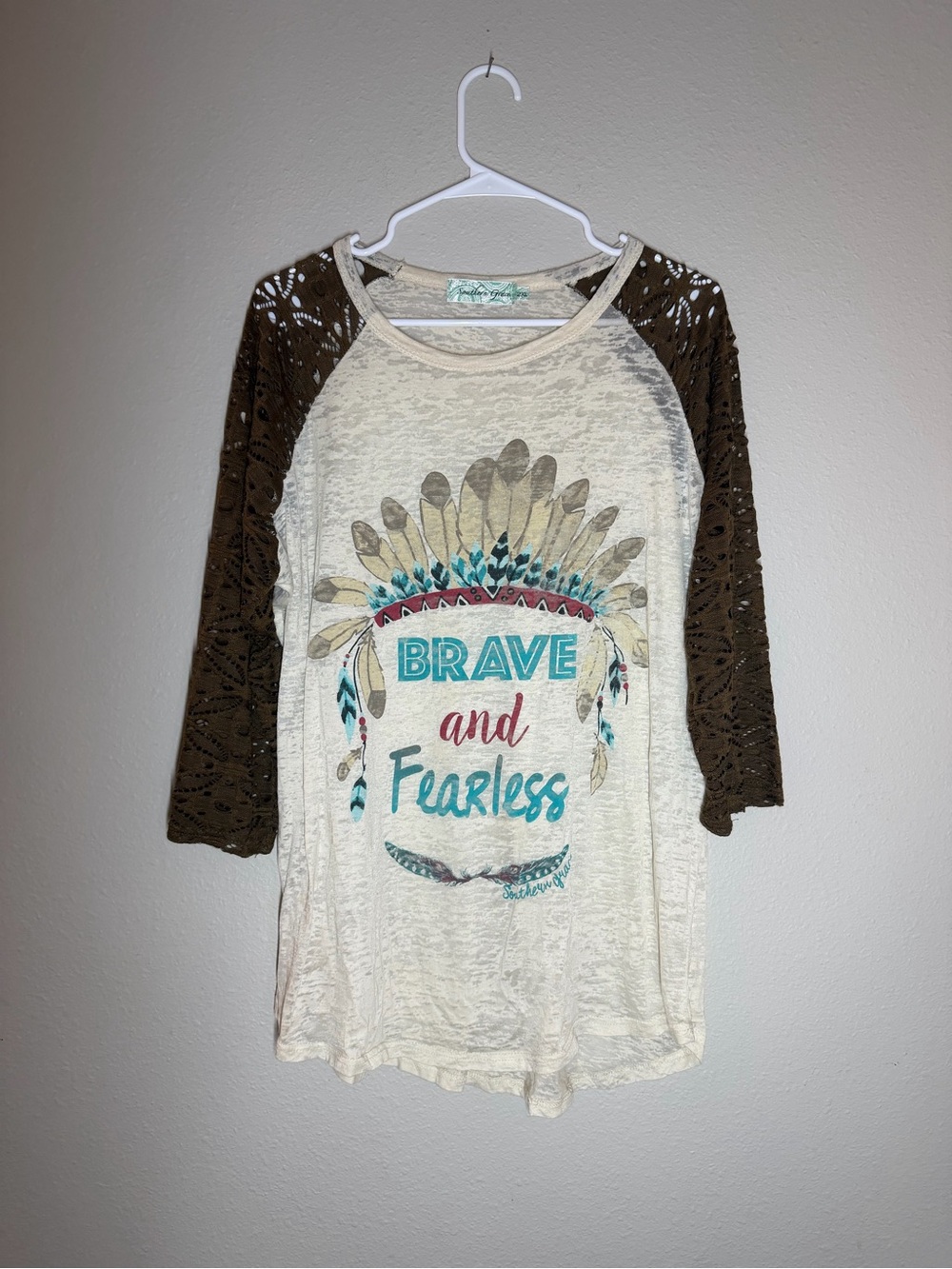 Southern Grace Cream Raglan Top with Brown Eyelet Sleeves